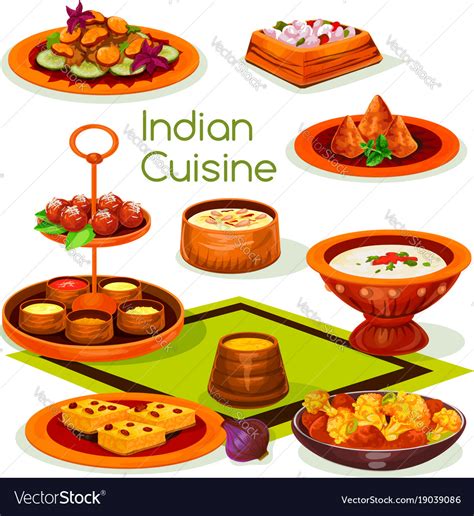 Indian Cuisine Lunch With Traditional Asian Food Vector Image