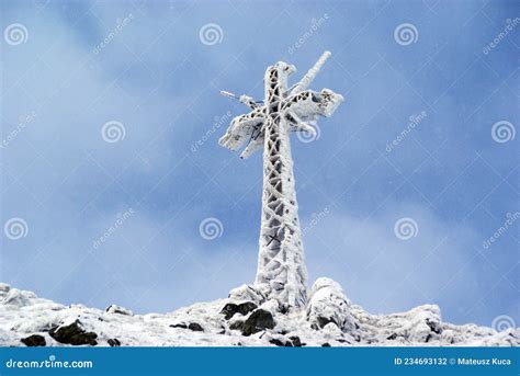 Mountain Landscape With A Cross On Top Of The Mountain Giewont Tatra