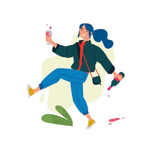 Ilustração De Uma Menina Com Um Copo De Vinho E Uma Garrafa Vetor