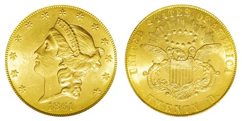 1861 Coronet Head Gold 20 Double Eagle Paquet Reverse Liberty Head