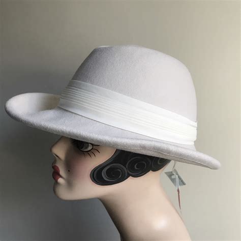 Vintage White Wool Womans Fedora Hat With Wide Banded Ribbon By Betmar