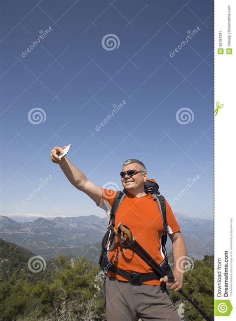 Hiker Taking Selfie On Top Of The Mountain Stock Image Image Of