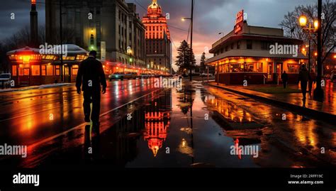 Man Walking Alone On The Street Of An Old City Illuminated With Yellow