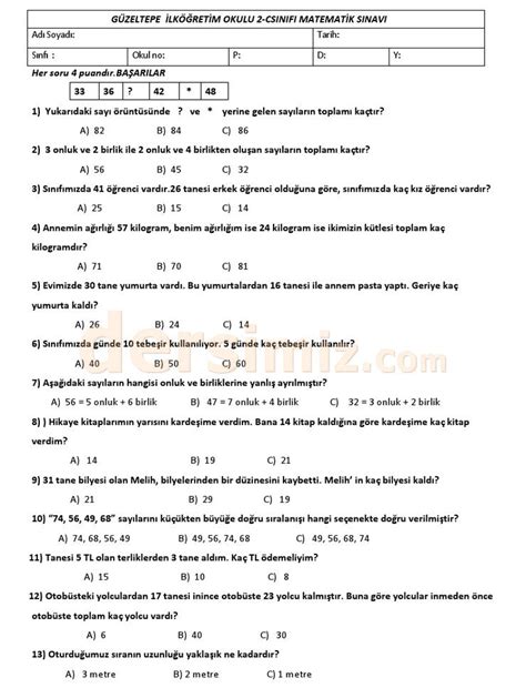 Kağıt kalem bile kullanmaya gerek yok. 2.Sınıf matematik dersi 1.dönem sınav soruları