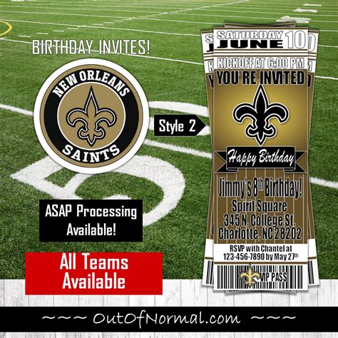 New Orleans Saints Birthday Ticket Style Invite Custom Football