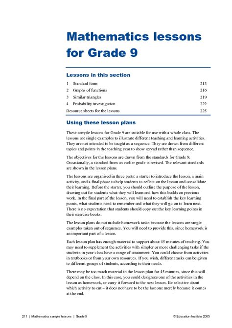 Four Mathematics Lessons For Grade 9 Lesson Plan For 7th 9th Grade