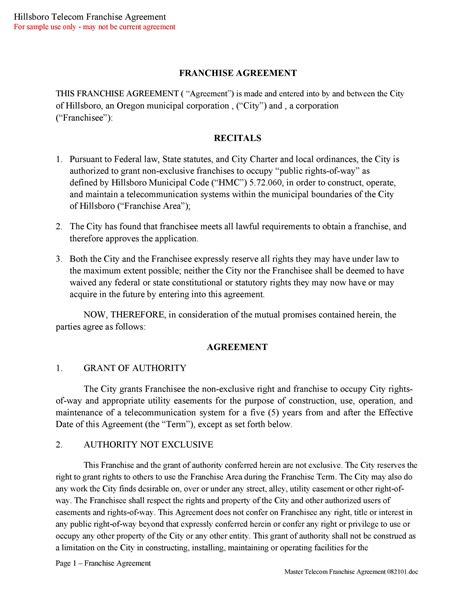 Franchise Agreement Template Free Download Printable Templates