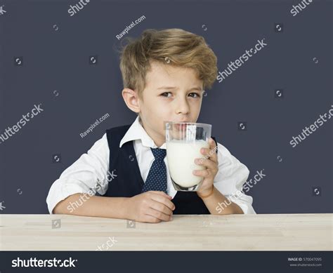Caucasian Boy Drinking Milk Background Studio Stock Photo 570047095