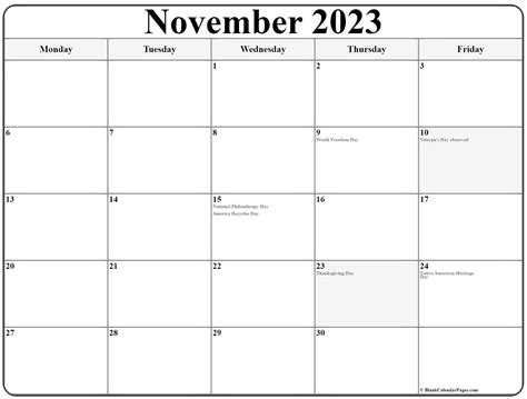 November 2023 Monday Calendar Monday To Sunday