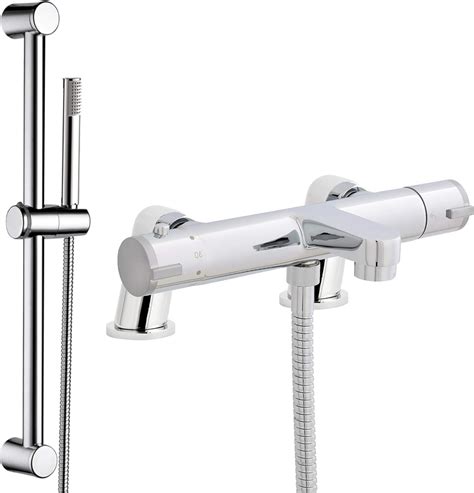thermostatic bath shower mixer tap with round shower slider rail kit deck mounted chrome modern