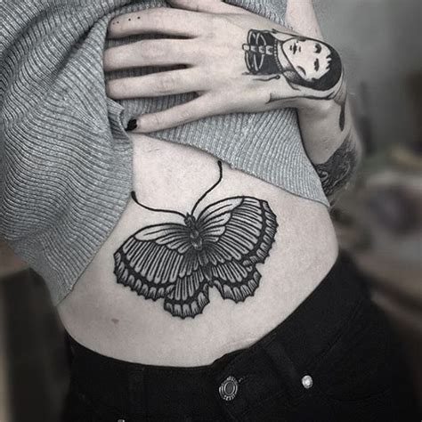Nice Black Traditional Butterfly Tattoo On The Stomach Butterfly