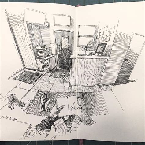 Perspective Drawings Reveal Artists Position Within Different Rooms