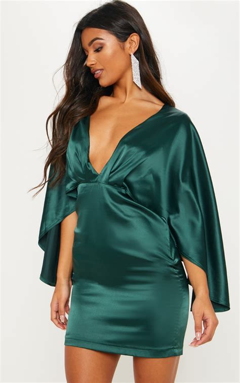 Emerald Green Satin Plunge Cape Bodycon Dress Prettylittlething