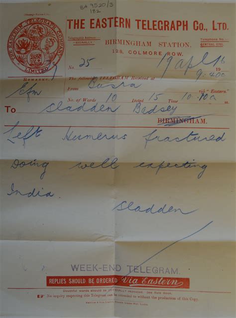 April 19th 1916 Telegram From Cyril Sladden To His Parents Sladden