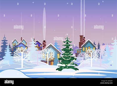 Winter Landscape With Cottages And Decorated Fir Tree Vector