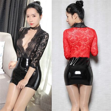 Sexy Lace Patchwork Faux Leather Erotic Mini Dress Women Wetlook Hot