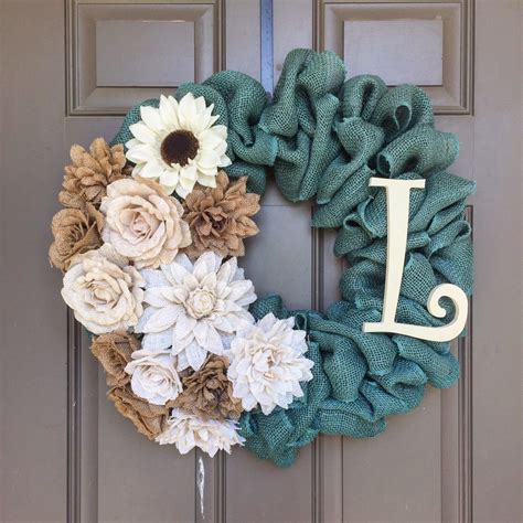 A personalized burlap wreath made with Turquoise Burlap and burlap flowers!! | Burlap decor ...