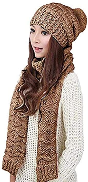 Women Girls Knitted Hat Scarf Set Fashion Winter Warm Hat With Attached
