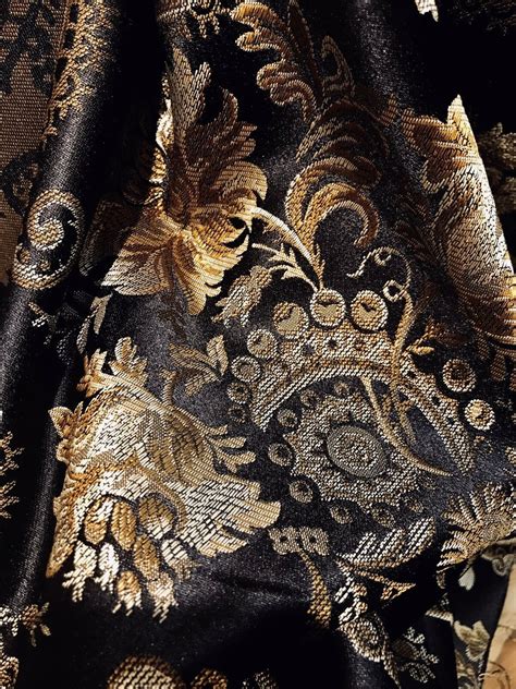 New Designer Brocade Jacquard Fabric Black Gold Floral Neoclassical