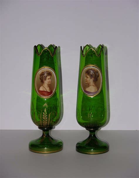 Pair Of Bohemian Green Glass Portrait Vases With Petal Edges Denton