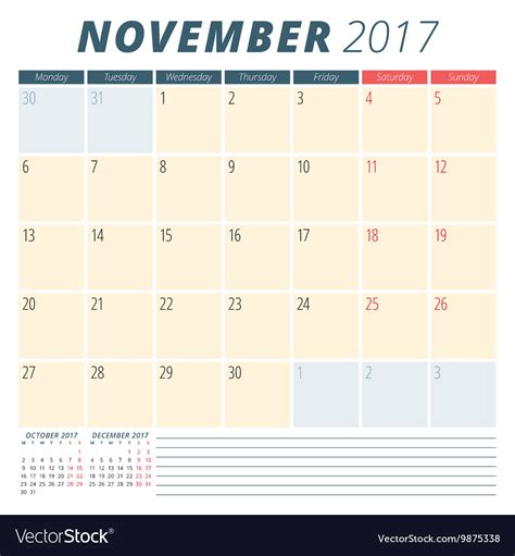 November 2017 Calendar Planner For 2017 Year Week Vector Image