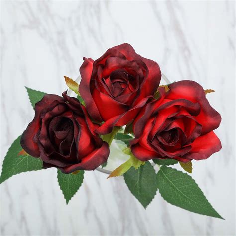 24 pcs Red/Black Artificial Long Stem Silk Rose Flowers With Green ...