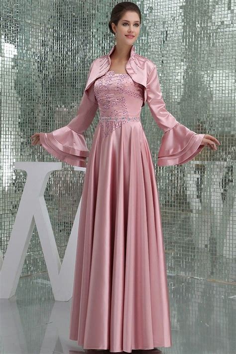 Stunning A Line Crystal Beaded Pink Satin Prom Evening Dress With Long Sleeve Jacket Pink