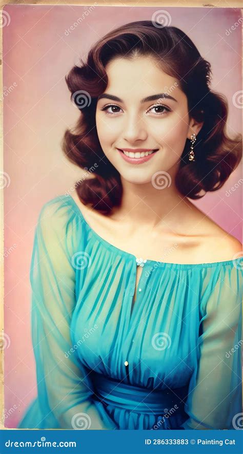 Portrait Of Beautiful Young Woman In Blue Dress Vintage Style Stock