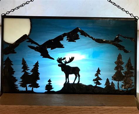 Stained Glass With Moose And Mountain Scene Copper Overlay Etsy