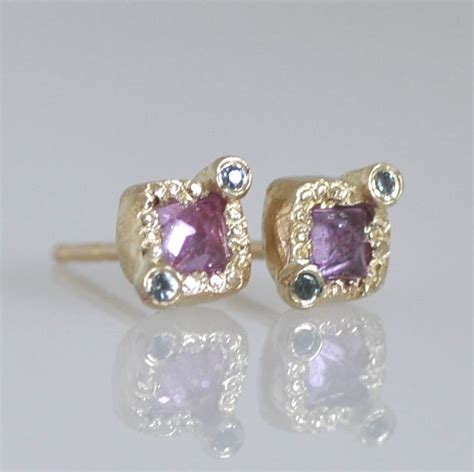 K Gold Stud Earring For A Bride Pink Tourmaline Blue Etsy