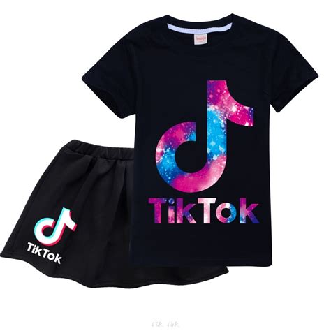 Tik Tok Cute Cartoon Printing Childrens Girls Skirt Suit Short Sleeve