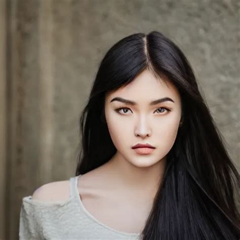 Beautiful Young Eurasian Female Face Long Black Hair Stable