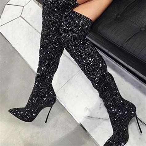 Sexy Black Rhinestone Full Drilled Thigh High Boots Metallic High Heels