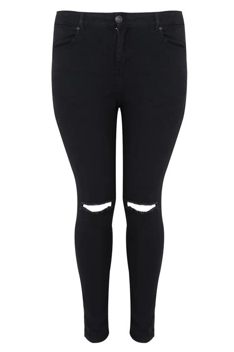 Black Stretch Skinny Jeans With Ripped Knee Plus Size To