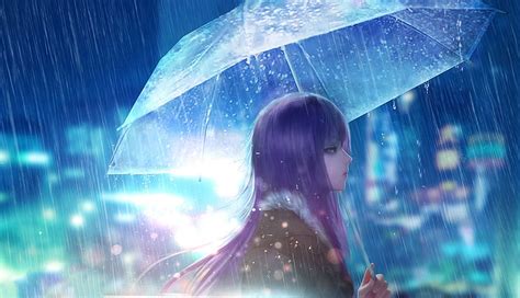 Hd Wallpaper Anime Original Purple Hair Rain Umbrella Wallpaper