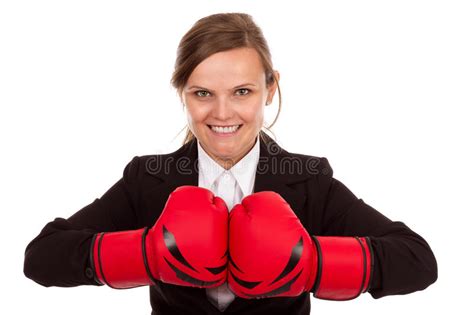 Businesswoman Punching Red Boxing Gloves Together Ready To Fight Stock