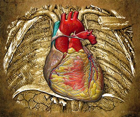 Human Heart Over Vintage Chart Of An Open Chest Cavity Digital Art By