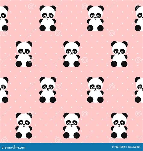 Panda Seamless Pattern On Polka Dots Pink Background Stock Vector