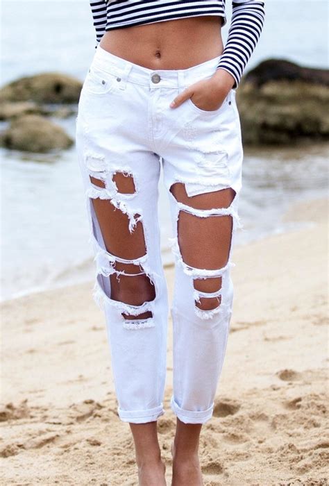2002 New Women Fashion Pants Hole Sexy Causal Straight High Waist White