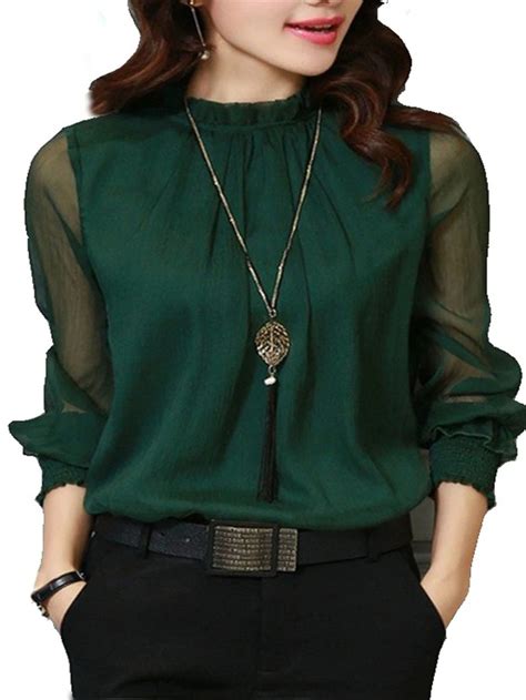 Chiffon Blouse New Women Tops Long Sleeve Stand Neck Work Wear Shirts