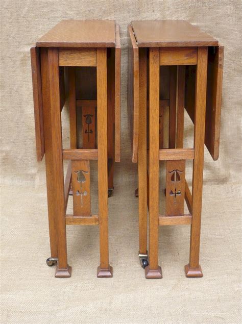 pair  inlaid arts  crafts drop leaf tables antiques