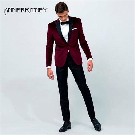 Wine Red Velvet Men Suits For Wedding Prom Wear Peaked Lapel 2 Piece