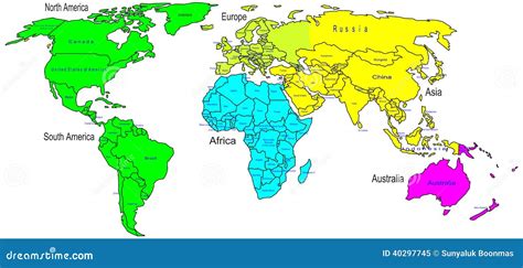 Nome Dos Continentes E De País Do Mapa De Cor Do Mundo Ilustração Do