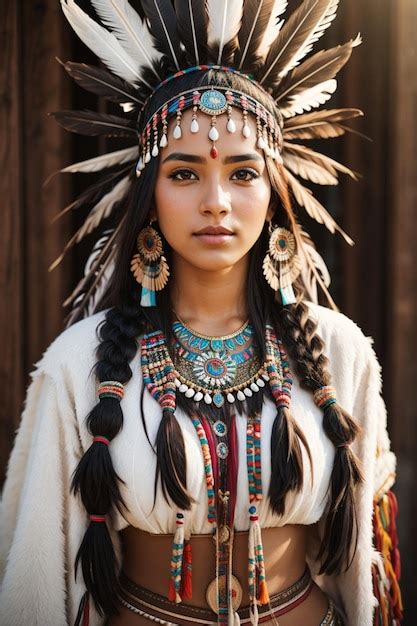 Premium AI Image Beautiful Sexy Native American Woman In Traditional Tribal Costume