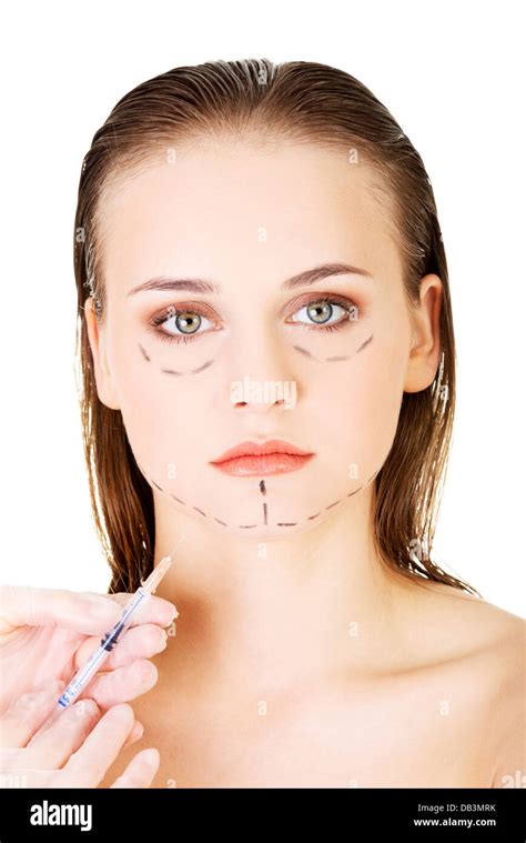 Cosmetic Botox Injection In The Female Face Isolated On White Stock