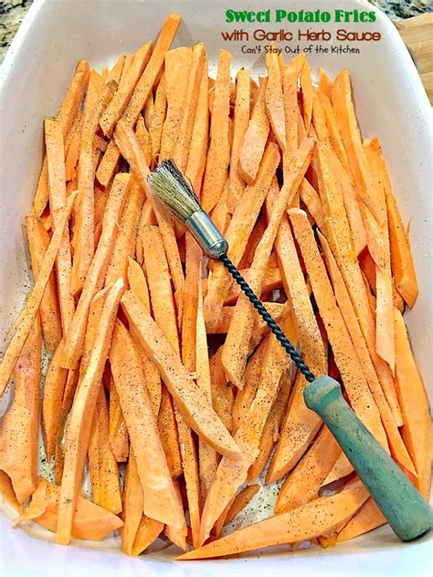 Healthy, crispy baked sweet potato fries are completely possible! Sweet Potato Fries with Garlic Herb Sauce - Can't Stay Out ...