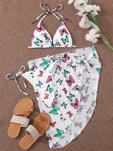 3pack Butterfly Print Bikini Swimsuit And Beach Skirt
