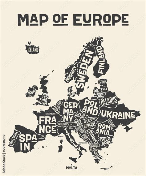 Europe Map Poster Map Of The Europe With Country Names Stock Vector
