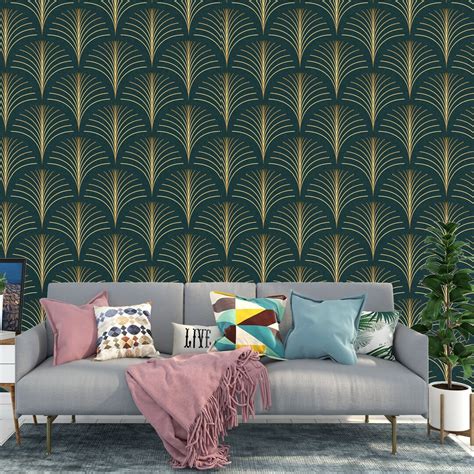 Green Gold Geometric Art Deco Wallpaper Printmyspace Etsy