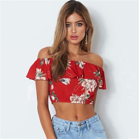 New 2019 Sexy Women Floral Printed Crop Top Off The Shoulder Short